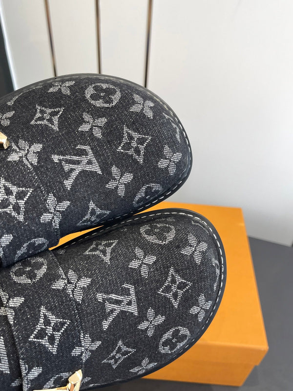 LV Cosy Comfort Mule Sandals Black Gold Denim Monogrammed 533457