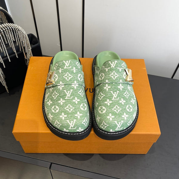 LV Cosy Comfort Mule Sandals Green Gold Denim Monogrammed 533458