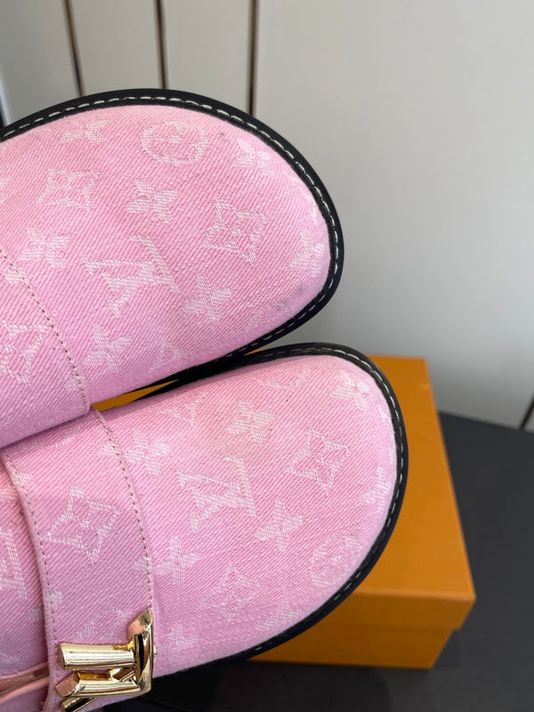 LV Cosy Comfort Mule Sandals Pink Gold Denim Monogrammed 533459