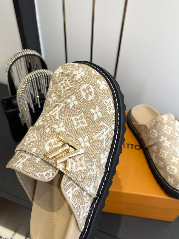 LV Cosy Comfort Mule Sandals Beige Gold Denim Monogrammed 533460