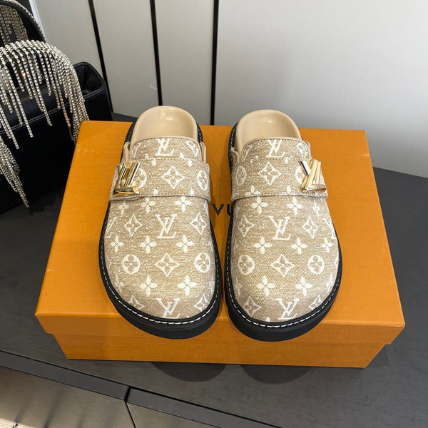 LV Cosy Comfort Mule Sandals Beige Gold Denim Monogrammed 533460