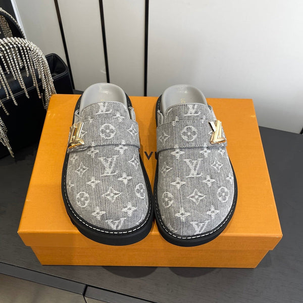 LV Cosy Comfort Mule Sandals Grey Gold Denim Monogrammed 533461