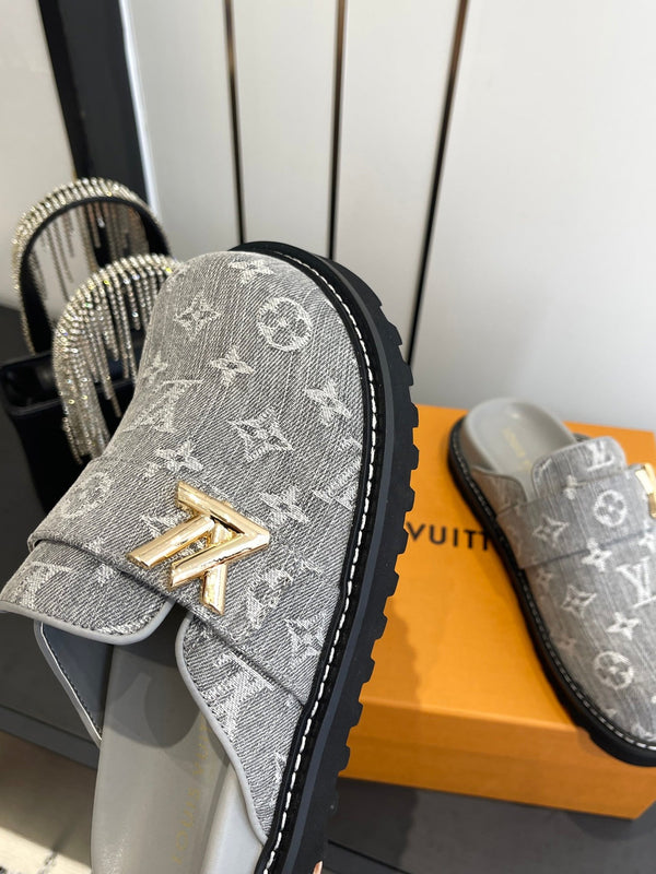 LV Cosy Comfort Mule Sandals Grey Gold Denim Monogrammed 533461