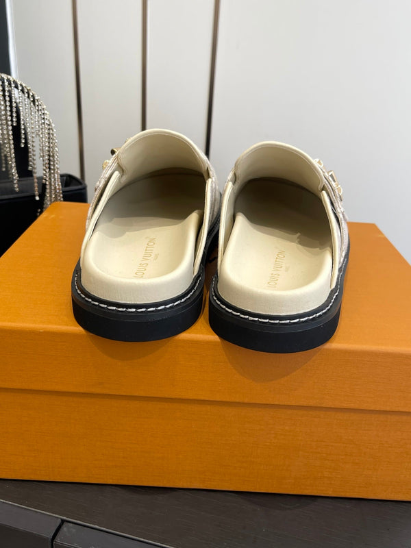 LV Cosy Comfort Mule Sandals Lighe Beige Gold Denim Monogrammed 533462