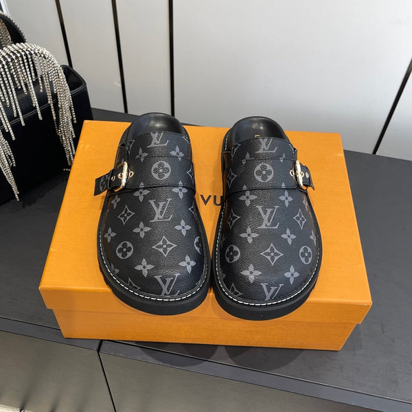 LV Cosy Comfort Mule Sandals Black Gold Denim Leather 533463