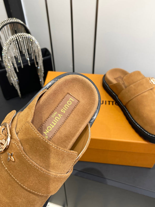 LV Cosy Comfort Mule Sandals Brown Gold Suede 533466