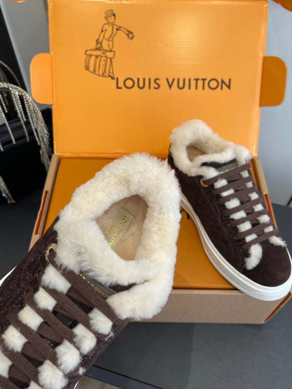 LV Time Out Sneaker 40mm Marron White Monogram Denim Suede Fleece Lined 533475