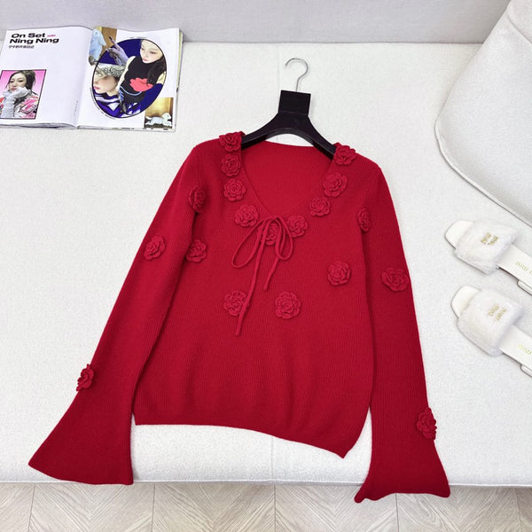 Miu Miu 25 Flower-decorated Knitted Sweater Red Wool
