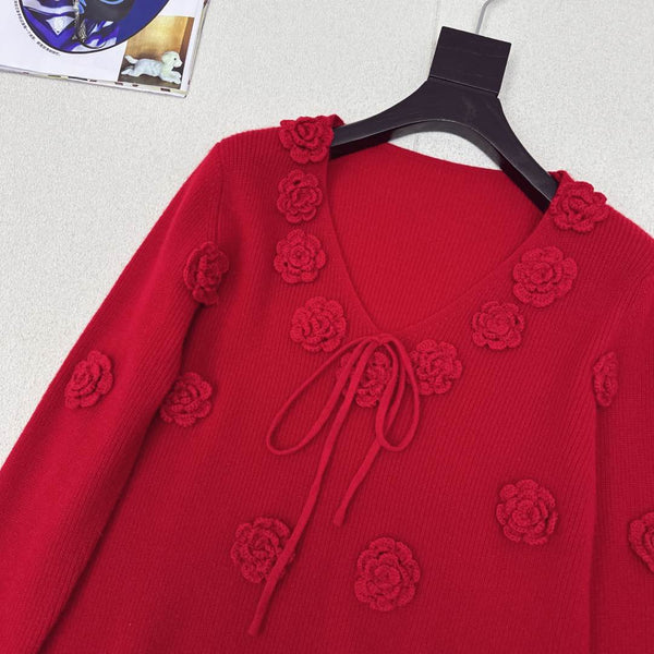Miu Miu 25 Flower-decorated Knitted Sweater Red Wool