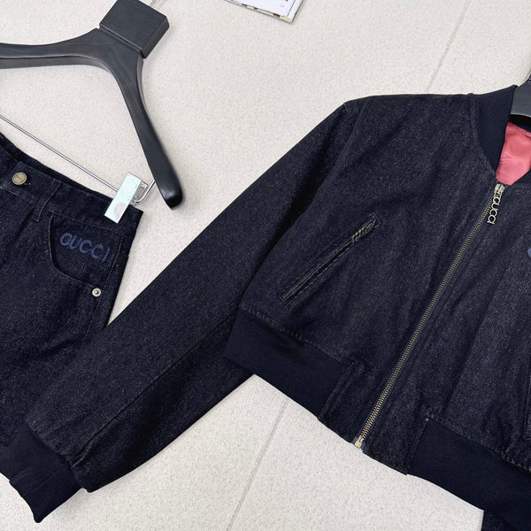 Gucci 25 Short Stand-up Collar Jacket Dark Blue Cotton 596441