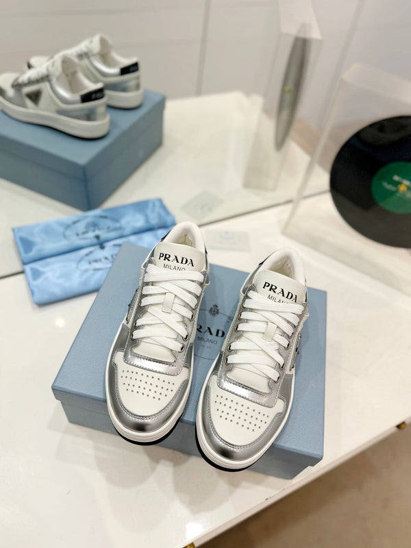 SNEAKERS PRA DOWNTOWN NAPPA IN VITELLO BIANCO E ARGENTO