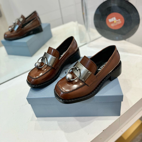 Prad 26s Ball Chain Loafers Brown Brushed Leather 941514