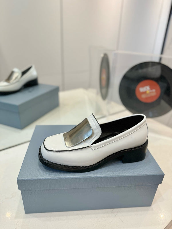 Prad 26s Metal Plate Loafers White Brushed Leather 941512