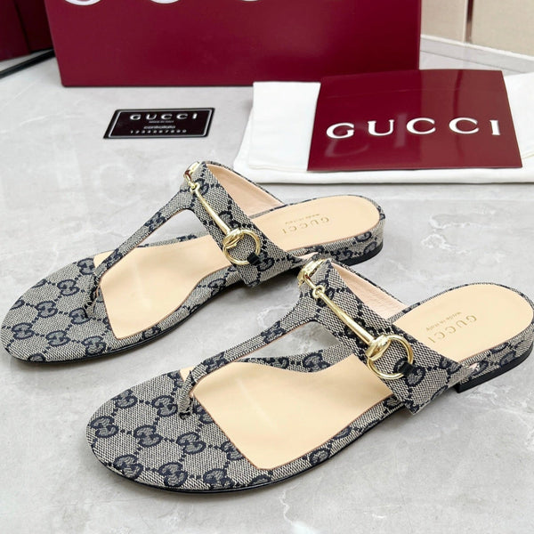 GC 25 Horsebit Thong Sandals Gray Canvas Leather 293855