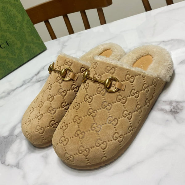 GG Horsebit Mules Beige Wool Leather