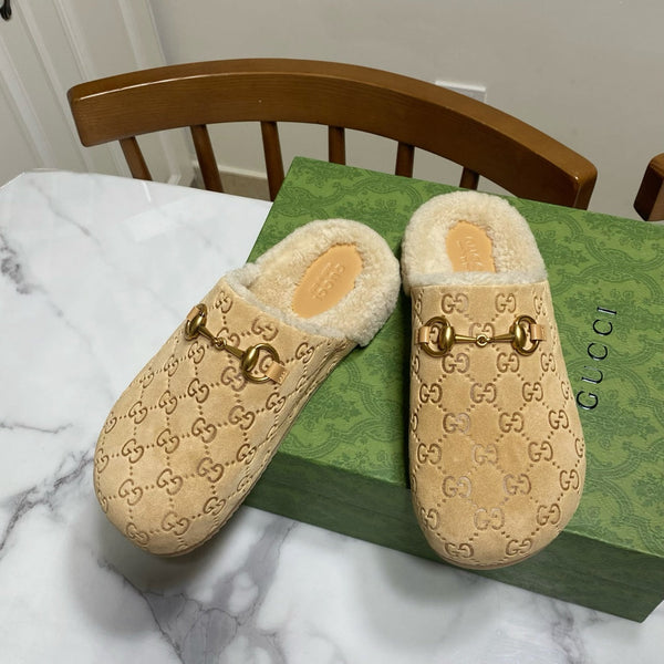 GG Horsebit Mules Beige Wool Leather