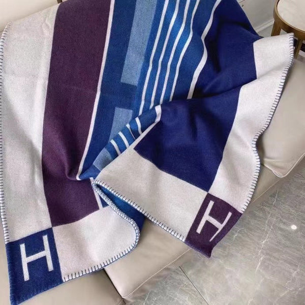 HM Avalon Throw Blanket Ecru Indigo Wool Cashmere