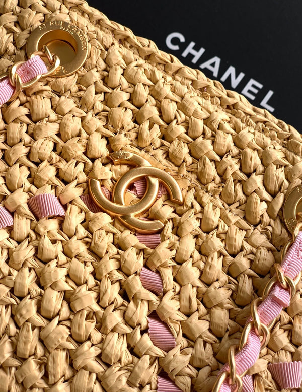 CC Braided Shopping Bag Double C logo Beige Pink Raffia