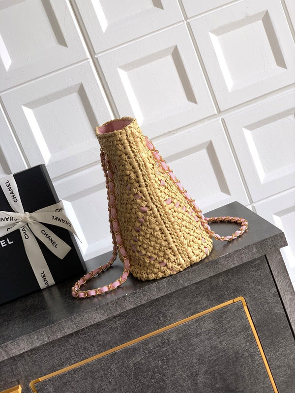 CC Braided Shopping Bag Double C logo Beige Pink Raffia
