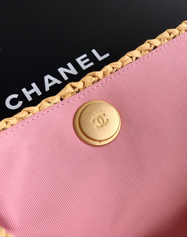 CC Braided Shopping Bag Double C logo Beige Pink Raffia