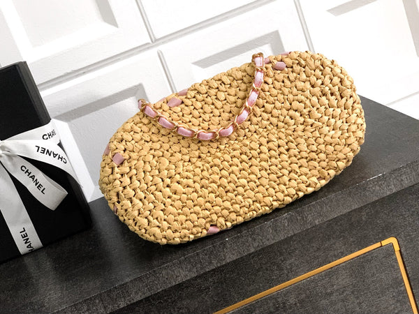 CC Braided Shopping Bag Double C logo Beige Pink Raffia