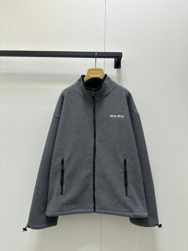 Miu Miu Veste à capuche zippée en polaire brodée gris foncé cachemire 346110