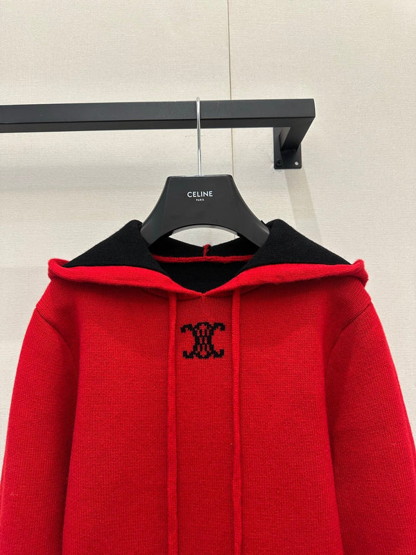 Celin Embroidered Hooded Sweater Red Wool 346089