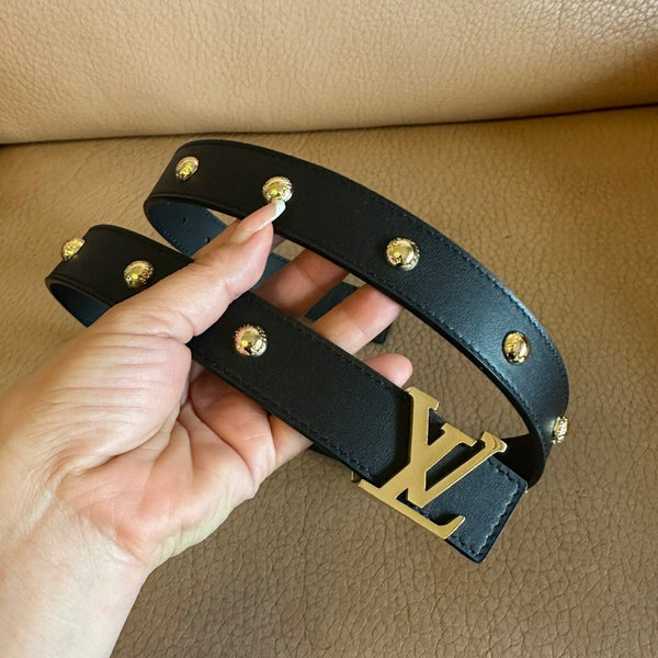 LV Initiales Studs 30mm Reversible Belt Gold Buckle Black Leather