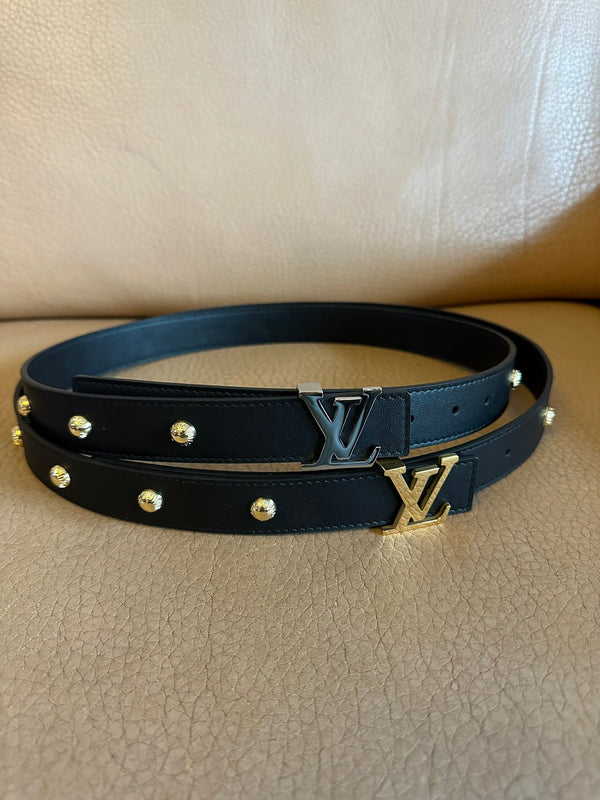 LV Initiales Studs 30mm Reversible Belt Silver Buckle Black Leather