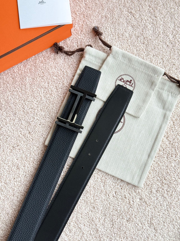 HM H Au Carre Buckle Belt 38mm Black Calfskin 187506