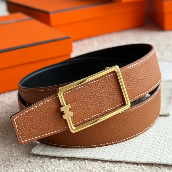 HM Gold Tube H Buckle Belt 38mm Brown Leather 187781