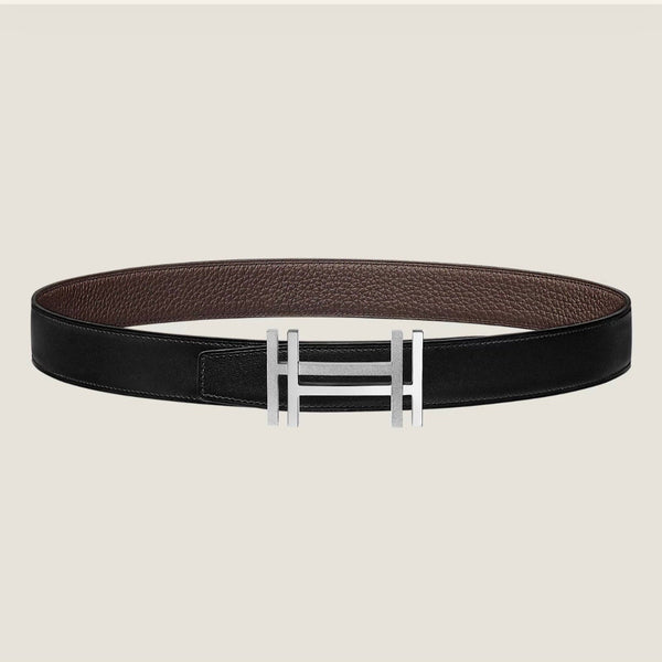 HM H au Carre Buckle Belt 32mm Black Chocolate Leather 187769