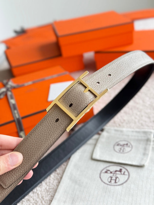 HM Gold Quentin Reversible 32mm Belt Black Beige Leather 188089