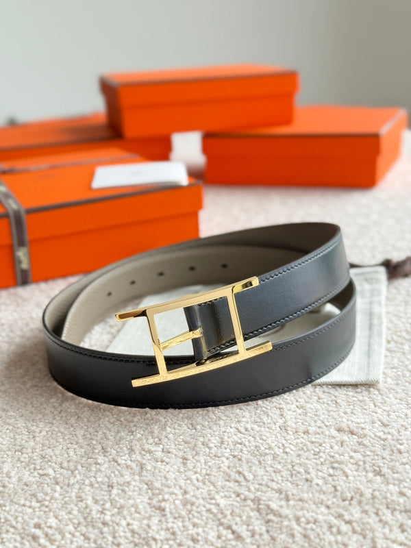 HM Gold Quentin Reversible 32mm Belt Black Beige Leather 188089