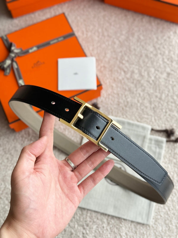 HM Gold Quentin Reversible 32mm Belt Black Beige Leather 188089