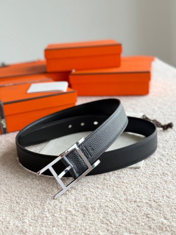 Cintura reversibile HM Silver Quentin da 32 mm in pelle nera 188086