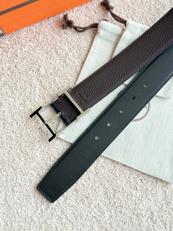 HM Silver Hadrien Reversible 38mm Belt Black Chocolate Leather 188079