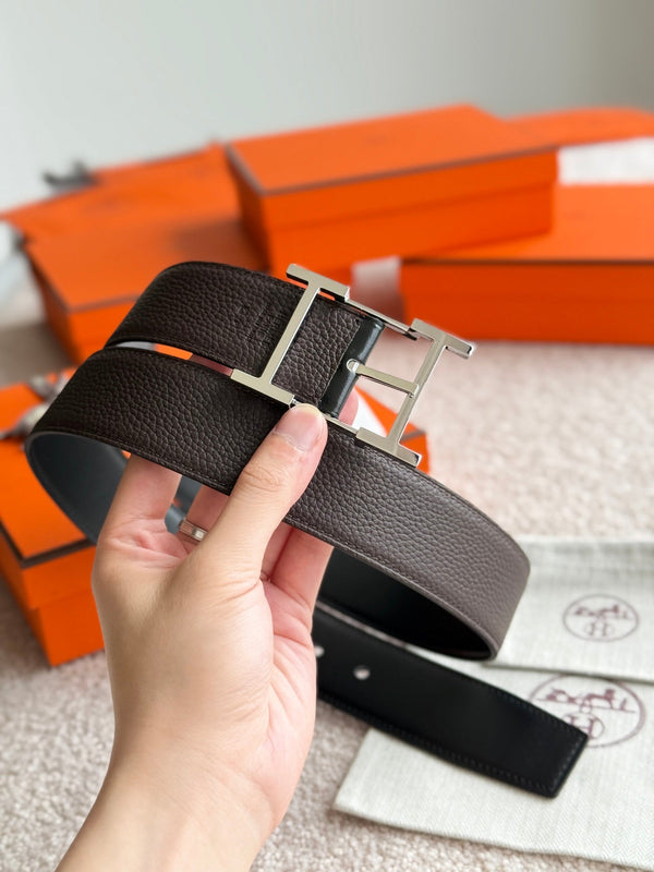 HM Silver Hadrien Reversible 38mm Belt Black Chocolate Leather 188079