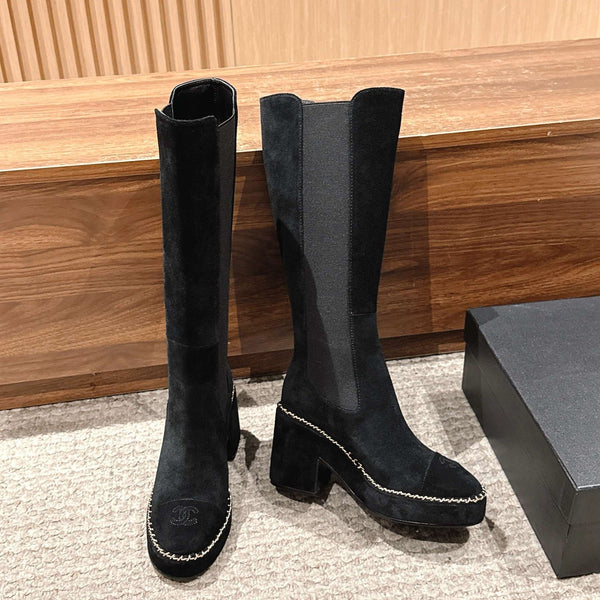 CC 25 Stivali Chelsea alti con catena 85mm in pelle scamosciata nera 428213