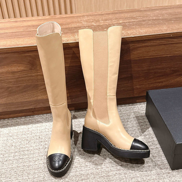 CC 25 Chelsea High Boots With Chain 85mm Black Beige Calfskin 428216