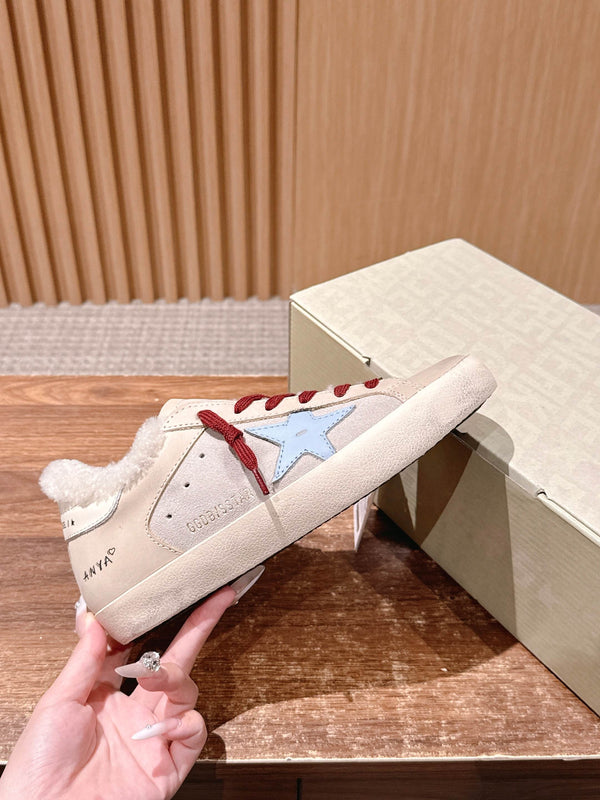 Golden Goose 2025 Baskets sales doublées laine Beige Rouge mélangé Daim Bleu 444267