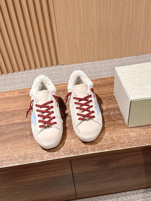 Golden Goose 2025 Baskets sales doublées laine Beige Rouge mélangé Daim Bleu 444267