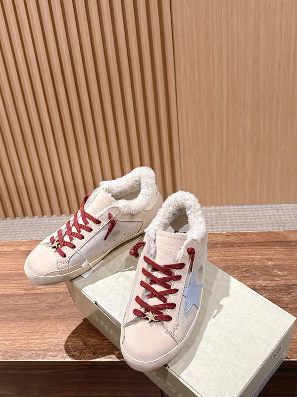 Golden Goose 2025 Baskets sales doublées laine Beige Rouge mélangé Daim Bleu 444267
