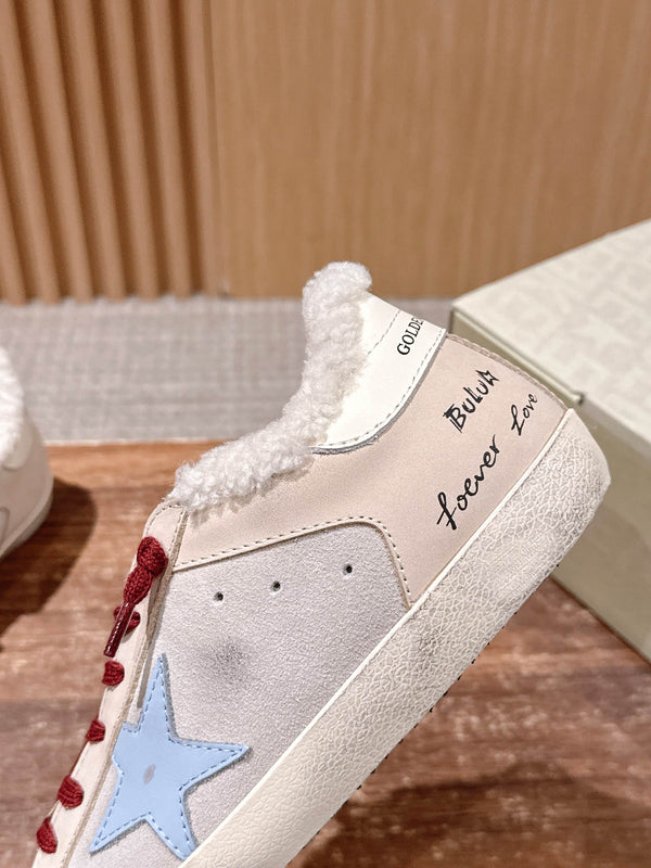 Golden Goose 2025 Baskets sales doublées laine Beige Rouge mélangé Daim Bleu 444267