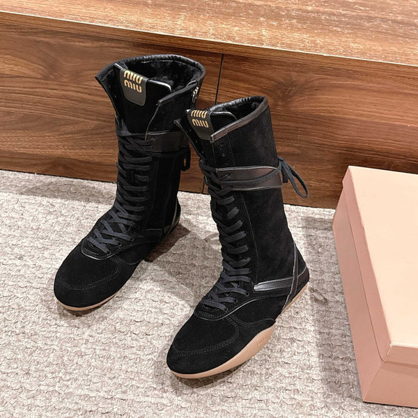 Miumiu 25 Bottes en daim et cuir de veau noirs 553694