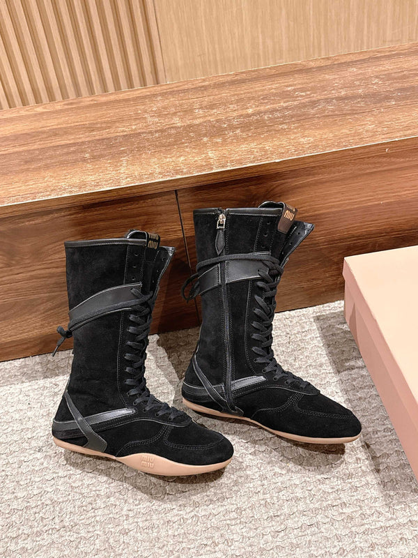 Miumiu 25 Bottes en daim et cuir de veau noirs 553694