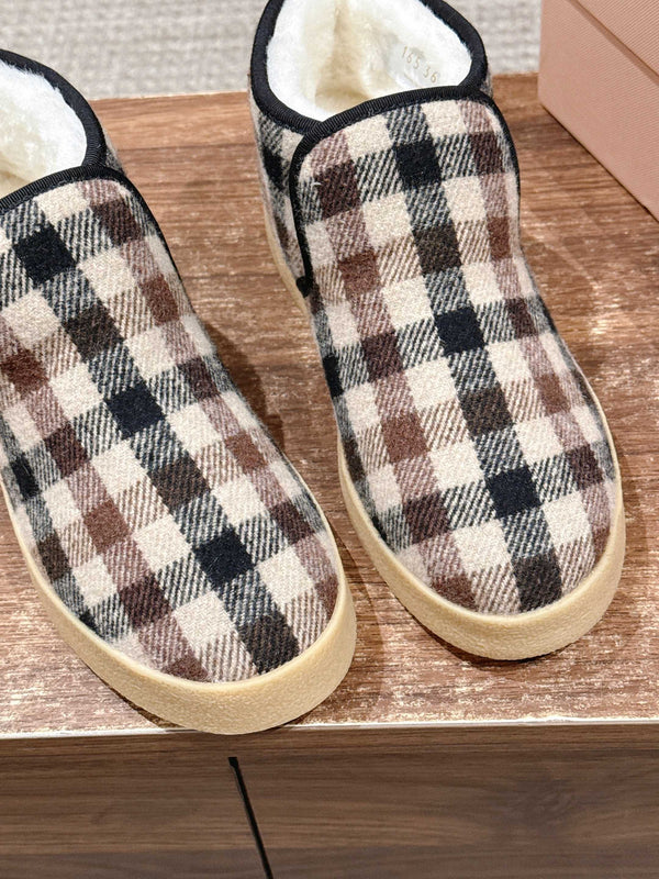 Miumiu 25 Plaid Slip-on Boot Black Brown Mix White Suede Wool 553702