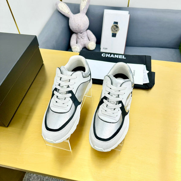 cc womens sneaker in silver wool tweed and white black suede calfskin 137610