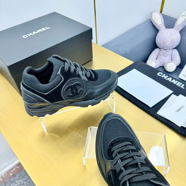 cc womens sneaker in black wool tweed and suede calfskin 137612