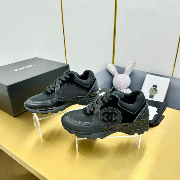 cc womens sneaker in black wool tweed and suede calfskin 137612